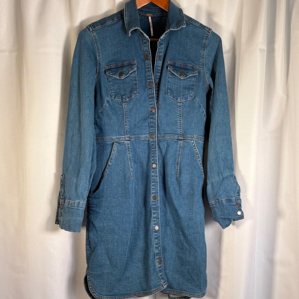 Free People Denim Shirt Dress Womens S Blue Snap Front Western Boho Midi Pockets